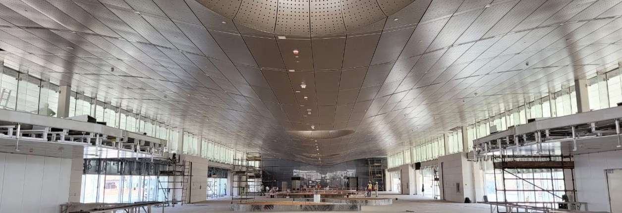 Metro Terminus Skylight Station interior metallic ceiling and circular skylight