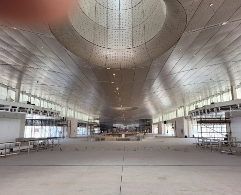 Station interior metallic ceiling and circular skylight
