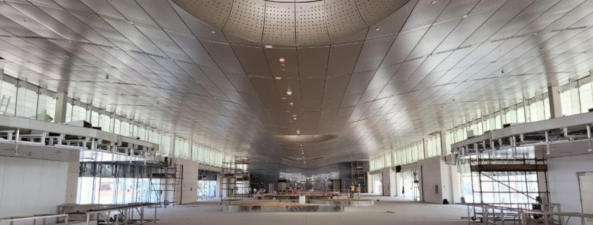 Station interior metallic ceiling and circular skylight