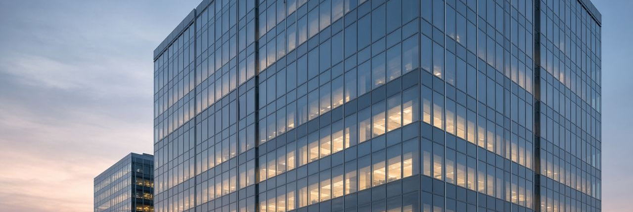 Glass curtain wall high-rise tower at dusk, generic architecture