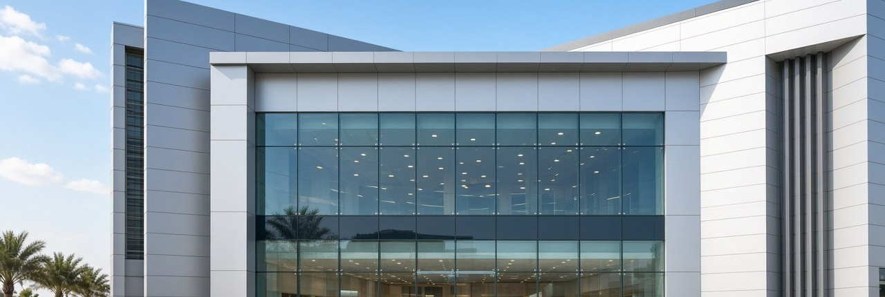 Representative bright daylight facade image for Extra United Electronics showrooms and offices