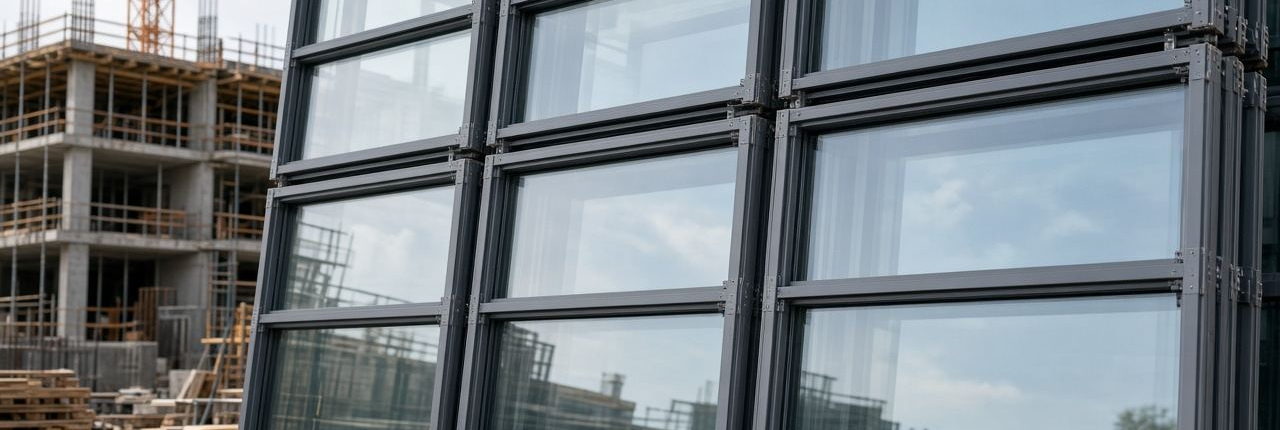 Unitized curtain wall glazing modules ready for installation