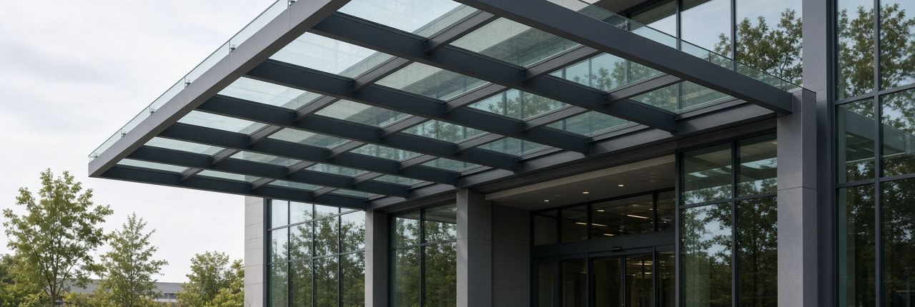 Steel and glass entrance canopy on a commercial building